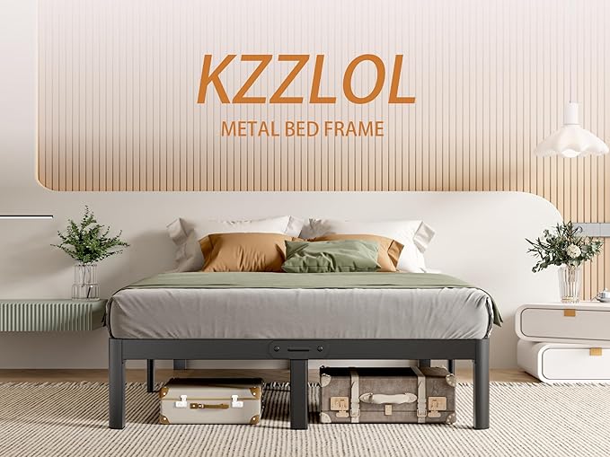 Full Size Bed Frame 16 Inch, Metal Platform Full Bed Frame No Box Spring Needed, DIY Headboard Hole, Heavy Duty Steel Support 3500 LBS, Noiseless, Round Leg, Storage Space, Easy Assembly, Black