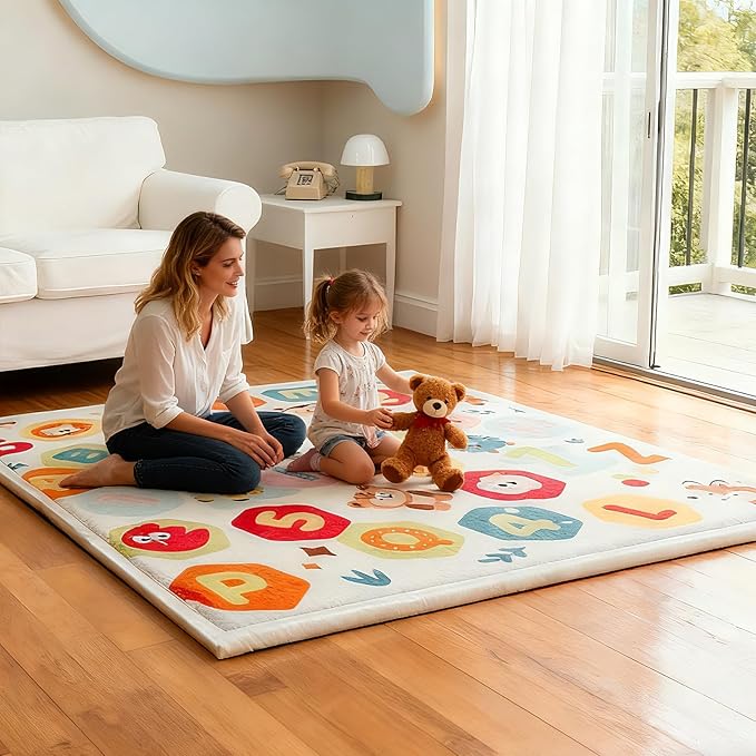 Baby Play Mat for Floor, 71'' x 59'' Thicken Foam Soft Padded Playmat for Tummy Time, Playpen Mat for Toddlers, Water-Repellent Coral Velvet, Non-slip Bottom Safe for Crawling (Animal)