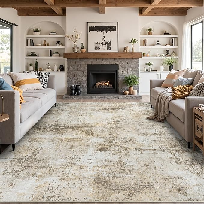 10x14 Area Rugs Living Room Rugs: Large Washable Rug with Anti-Slip Backing Non-Shedding Stain-Resistant Soft Abstract Carpet for Bedroom Dining Room Nursery Home Office Beige Grey