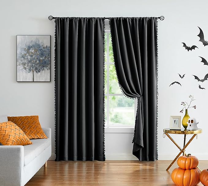 Treatmentex Pompom Blackout Curtains Bedroom Black 84 inch Length Windows Drapes Triple Weave Thermal Insulated Curtain Panels for Nursery Room Studio Hotel 52" w x2 Panels Rod Pocket