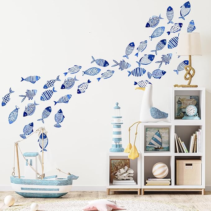 Blue Ocean Fish Wall Decals,Under The Sea Fish Wall Art Decor Stickers,Peel and Stick Ocean Vinyl Sticker for Kids Bedroom Playroom Nursery Classroom Bathroom,