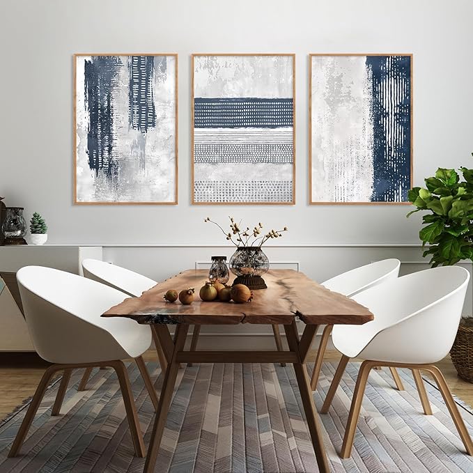 HLNIUC Navy Blue Abstract Framed Wall Art Set, Neutral Minimalist Canvas Wall Decor, Mid Century Modern Wall Painting, Grey Geometric Art Print for Living Room, Bedroom, Office - 24"x36"x3