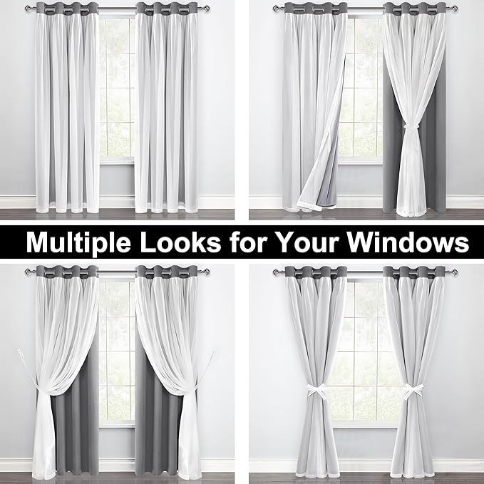 XWZO 100% Blackout Double Layer Curtains, Blackout Curtains with Sheer Overlay for Living Room, Children's Room, Grommet Thermal Insulated Privacy Curtains with Tiebacks, 2 Panels, 38x84, Grey