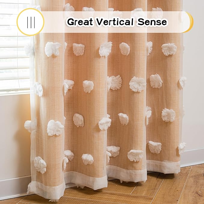 MYSKY HOME Yellow Curtains for Bedroom 54 Inch Long Double Layer Curtains for Kids Room Kithen White Pom Pom Sheer Nursery Curtains Grommet Room Darkening Small Window Curtains 2 Panels 52" x 54"