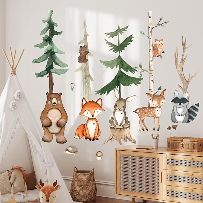 Large Woodland Animals Nursery Wall Decals,Watercolor Forest Tree Fox Deer Bear Wall Stickers,Peel and Stick Jungle Bedroom Room Decor for Nursery Baby Kids Boys