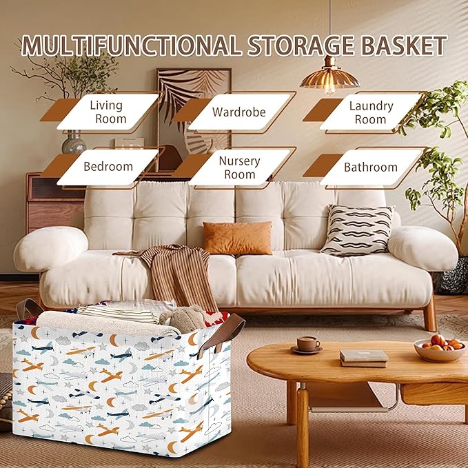 Aviation Themed Storage Basket Large 17x11.5x10.5 Inche-Collapsible Fabric Organizer Bin with Handles for Boys Room, Travel Decor, Toys-Decorative Hamper with Colorful Airplane Silhouettes-Single Pack