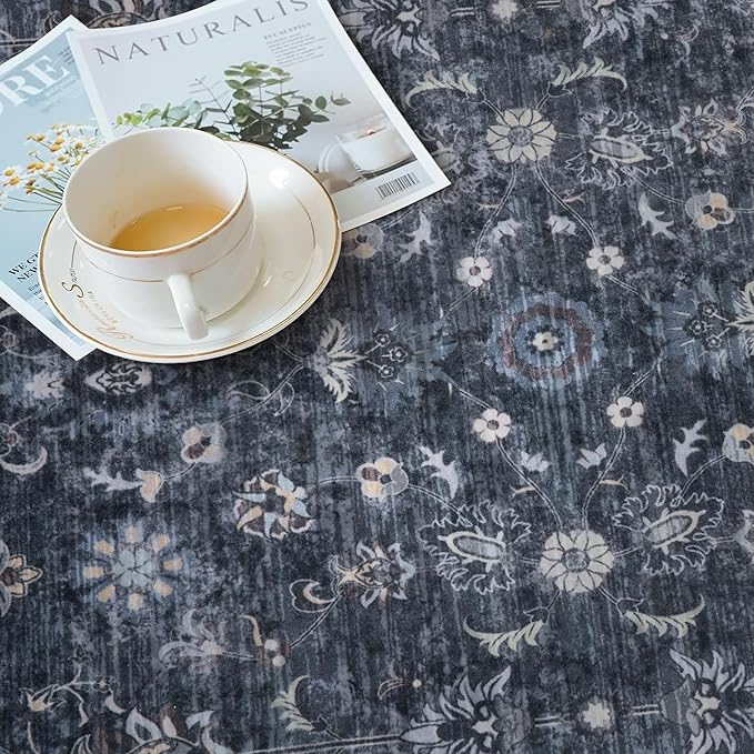 Tangsoo 2.6x12 Washable Long Runner Rug for Hallway Non Slip, Boho Floral Vintage Carpet Runner Rugs for Entryway Kitchen, Floor Low Pile Runners for Laundry Bedroom Alfombra Blue Black Farmhouse