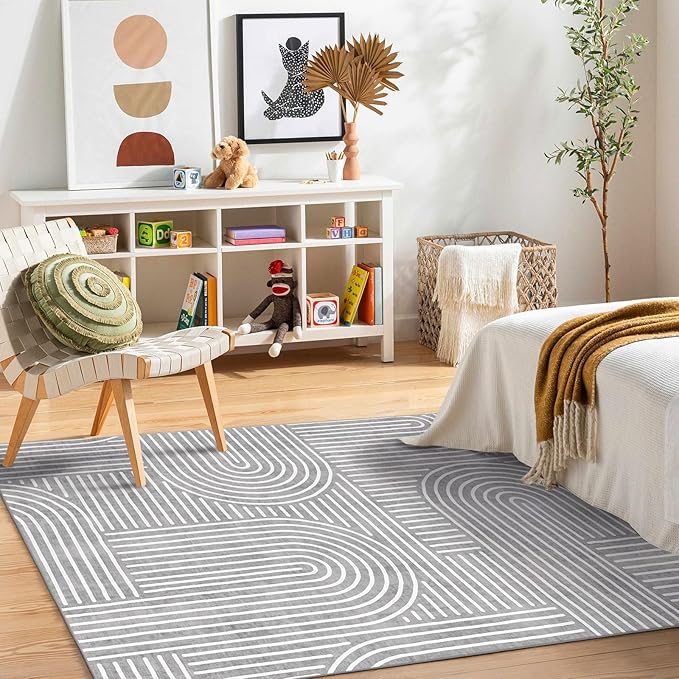 6x9 Area Rug - Large Abstract Washable Non-Slip Grey Living Room Rug Rainbow Low-Pile Floor Carpet Soft Modern Accent Rugs for Bedroom Dining Room Office Classroom Nursery