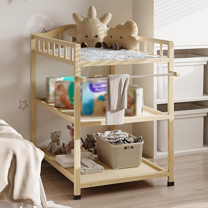 Paintless Pine Wood Baby Changing Table with Storage Shelves, Portable Nursery Diaper Changing Station for Infants, Children's Room, Bedroom, Nursery Changing & Dressing Furniture,Natural