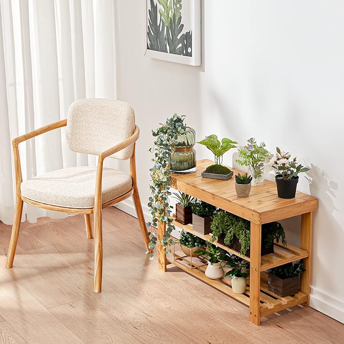 Pipishell 3 Tier Bamboo Shoe Rack Bench - Sturdy Shoe Organizer Holds up to 300lbs for Entryway, Bedroom, Living Room, Balcony