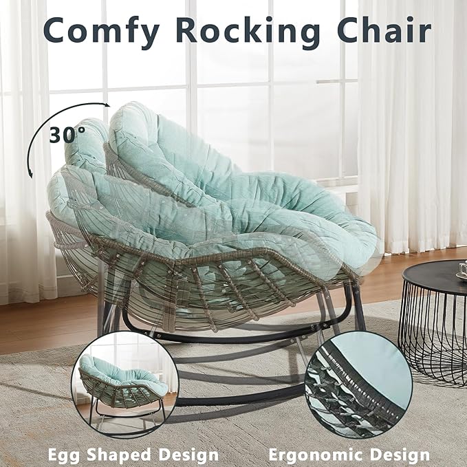 Oversized Outdoor Papasan Rocking Chair with Soft Cushion, Comfy Patio Egg Chair, Wicker Lounge Rocker for Balcony/Porch/Garden, Reinforced All Weather Rattan Frame, 330 lbs Support, Mint Green