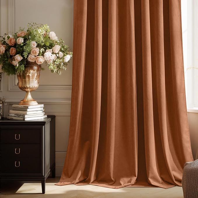 StangH Burnt Orange Velvet Curtains 96 inches Long, Pinch Pleat Light Blocking Drapes with Hooks Solid Luxury Home Decor Fall Curtains for Living Room, W40 x L96, 2 Panels