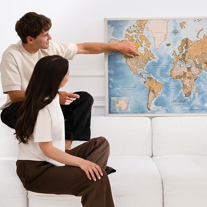 Canvas World Map with Cork Pin Board - English Lettering - Decorative Wall Decoration for All Rooms - Canvas Pictures with World Map Motif (90x60 cm, Pattern 15)