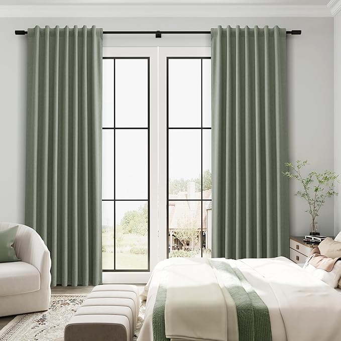 100% Blackout Linen Textured Curtains 80 Inches Long 2 Panels Set Room Darkening Curtains for Bedroom Living Room Sage Green Back Tab Hook Belt Insulated Thermal Noise Reduction Window Drapes 52x80