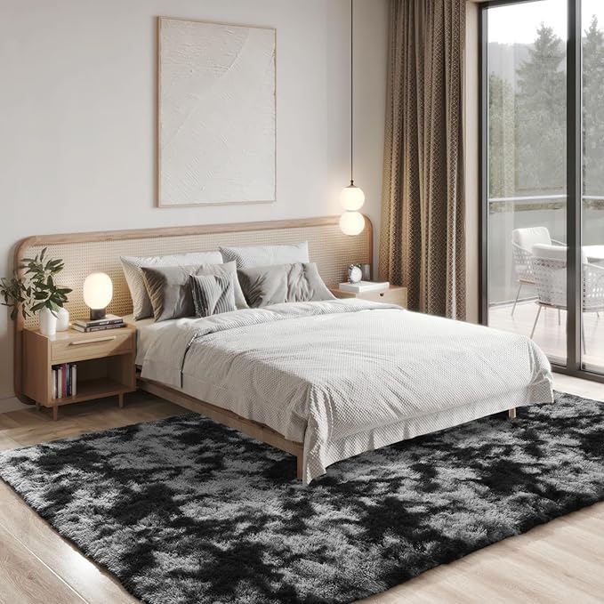 Merelax Soft Modern Indoor Large Shaggy Rug for Livingroom Bedroom Dorm Kids Room Home Decorative,Non-Slip Plush Fluffy Furry Fur Area Rugs Comfy Nursery Floor Carpet 9x11 Feet,Tie-Dyed Deep Grey