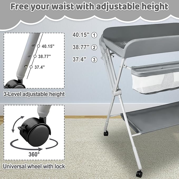 Baby Changing Table, Portable Folding Diaper Changing Station with Wheels, Adjustable Height Nursery Organizer with Safety Belt & Storage Basket & Hanging Rack for Newborn Baby and Infant (Gray)