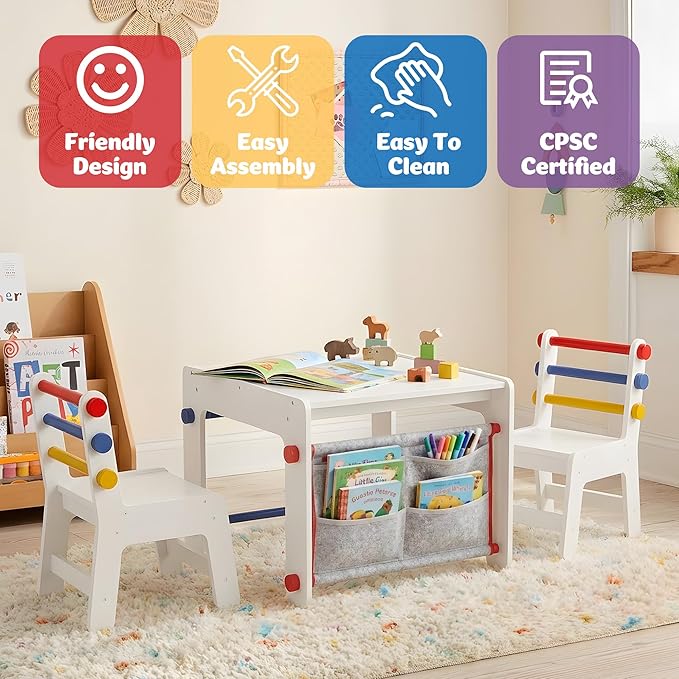 Kids Table and Chair Set 4-in-1 with Storage, Wooden Activity Table for Crafts, Arts, Drawing, Reading, Toddler Furniture for Playroom, Nursery, Gift for Boys & Girls (Age 3+)