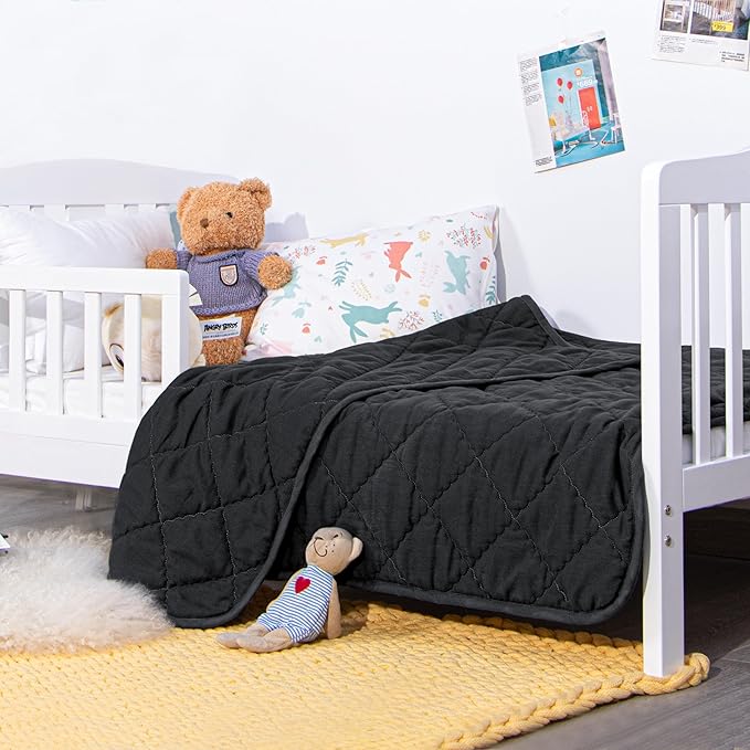 Down Alternative Toddler Comforter 39x47, Lightweight Warm Solid Color Baby Crib Quilted Blanket for Boys Girls, Black