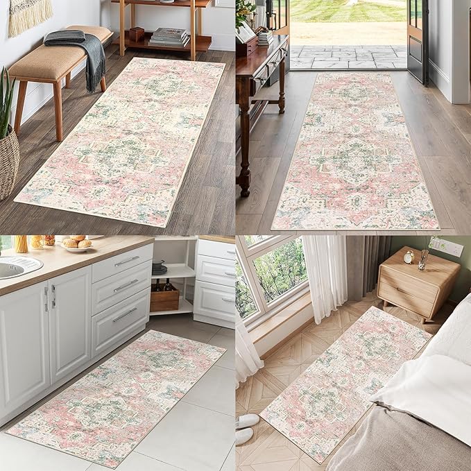 2x6 Ft Washable Kitchen Runner Rug Pink and Green Entryway Runner Vintage Non-Slip Faux Wool Low-Pile Floor Carpet Runners for Hallways Bedroom Bathroom Laundry Room