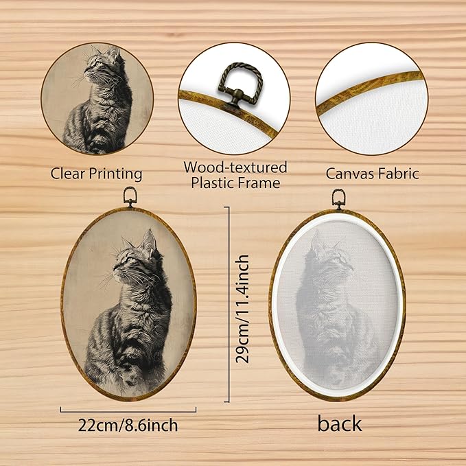 Hiuwevt Vintage Cat Oval Wall Art Decor, Antique Cat Gifts Framed Canvas Prints, Rustic Retro Pet Gifts Oval Wall Hanging Decor for Home Gallery Decorations, 8.6x11.4 Inches