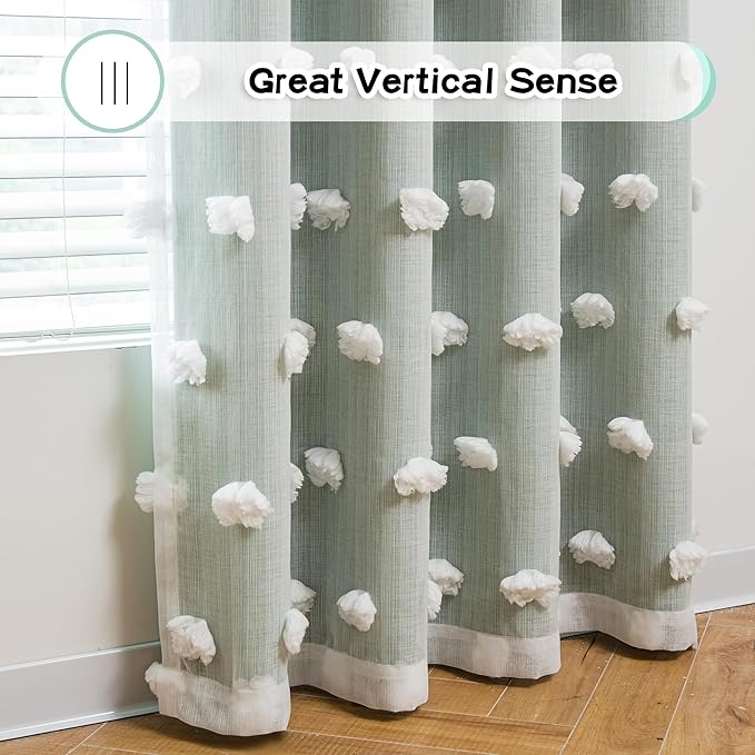 MYSKY HOME Aqua Curtains for Bedroom 54 Inch Long Double Layer Curtains for Kids Room Kithen White Pom Pom Sheer Nursery Curtains Short Grommet Room Darkening Small Window Curtains 2 Panels 52" x 54"