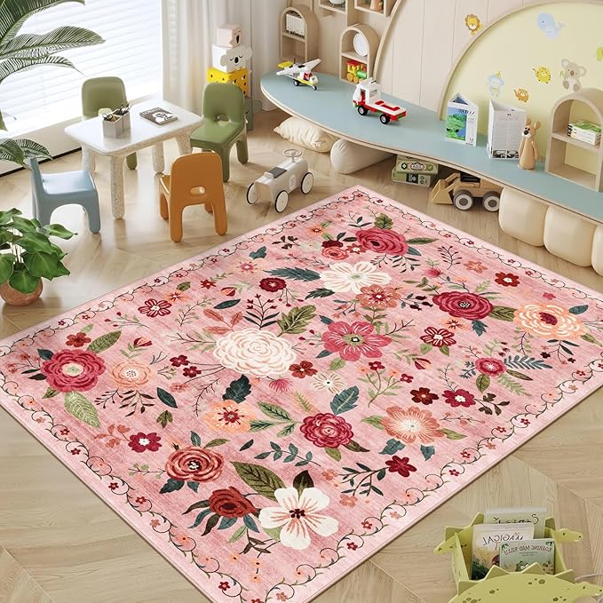 5x7 Washable Area Rug for Living Room, Floral Non-Slip Non-Shedding & Easy Care, Soft Low Pile Boho Indoor Floor Carpet for Living Room, Bedroom, Farmhouse, Dining Room, Kids Playroom, Pink