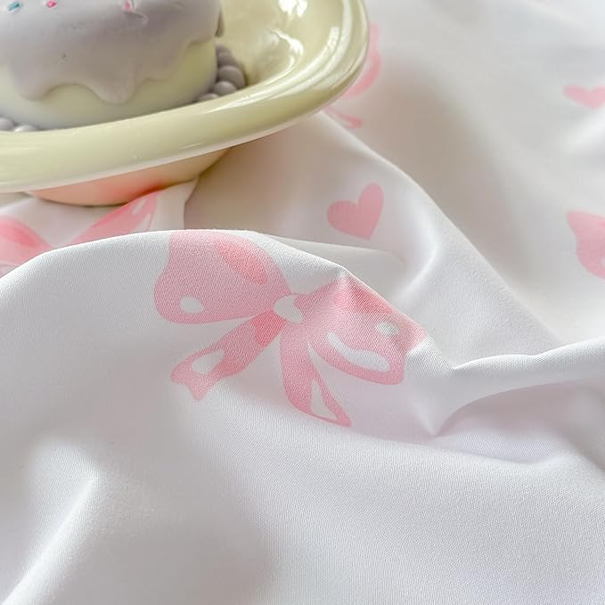 Heart Duvet Cover King Size Pink Bow Bedding Set Girls Kawaii Love Heart Printed Comforter Cover 3 Pieces Ultra Soft Washed Microfiber with Zipper Closure