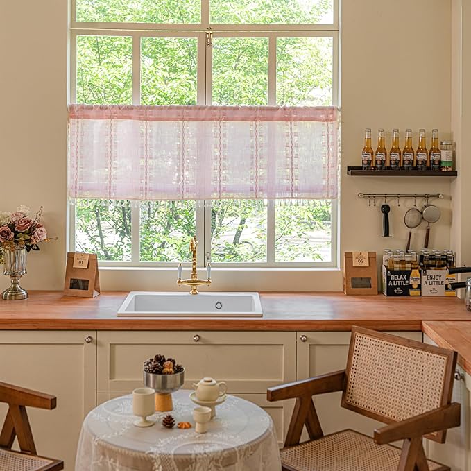 Deeprove Boho Valance Kitchen Short Curtain Tassel, Textured Striped Drape Light Filtering Tier Embroidered Chic Window Treatment for Cafe Dinging Room Closet, W52 x L18 inch SINGLE 1 Panel Blush Pink