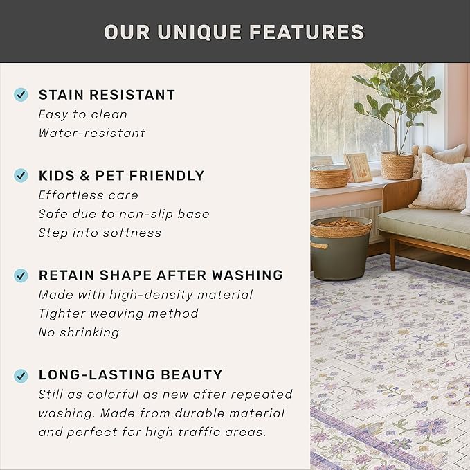 6x9 Lavender Rug for Bedroom, Kids Playroom, Non Slip Large Washable Living Room Area Rug, Low Pile Stain Resistant Foldable Boho Fairy Décor