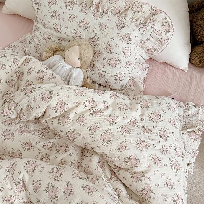 AOJIM Kids Cotton Muslin Duvet Cover with Pink Floral Patterns, 1pc Super Soft Toddler Bedding Comforter Cover 2-Layer Gauze 47X59'', Ruffled Edges Duvet Protector for Girls Boys, No Quilt or Pillow