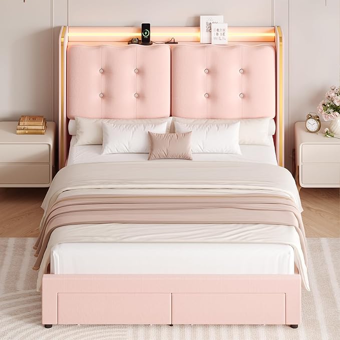 HITHOS Upholstered Full Led Bed Frame with Charging Station and Storage Drawers, Velvet Princess Platform Bed Frames with Crystal-Button Tufted Headboard for Girls and Kids, No Box Spring Need, Pink