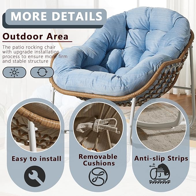 Oversized Outdoor Papasan Rocking Chair with Soft Cushion, Comfy Patio Egg Chair, Wicker Lounge Rocker for Balcony/Porch/Garden, Reinforced All Weather Rattan Frame, 330 lbs Support, Sky Blue
