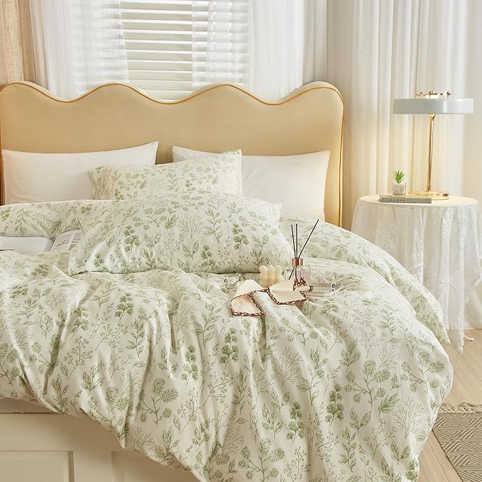 HighBuy 3 Pieces Duvet Cover Full Size White Duvet Cover with Green Floral Print,Coquette Soft Cotton Comforter Cover Boho Style,Aesthetic Full Bedding Set with Zipper Closure 4 Ties,All Season