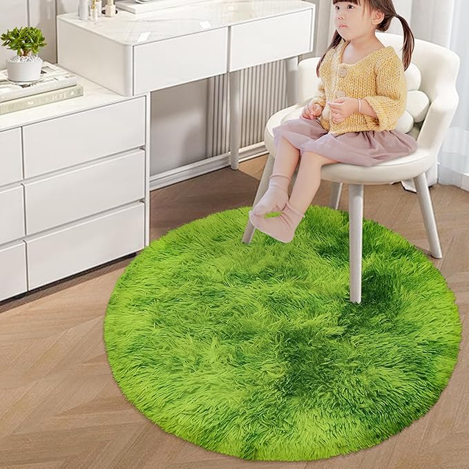 3 ft Small Green Grass Round Rugs for Bedroom,Tie Dyed Green Circle Rug Fluffy Fuzzy Round Carpet Shag for Boys Bedroom Girls Room Kids Playroom Nursery Room Decor Aesthetic