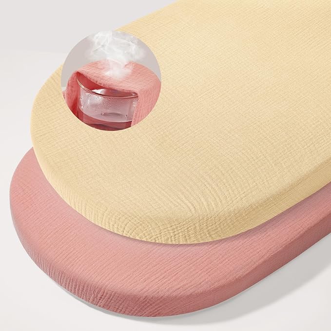 Basumee Muslin Bassinet Sheets for Baby Girl Boy 2 Pack Soft Breathable Baby Bedside Bassinet Fitted Sheets with Bottom Elastic Band 33''x17''x4'' Mattress Cover for Rectangle Oval Hourglass Bassinets
