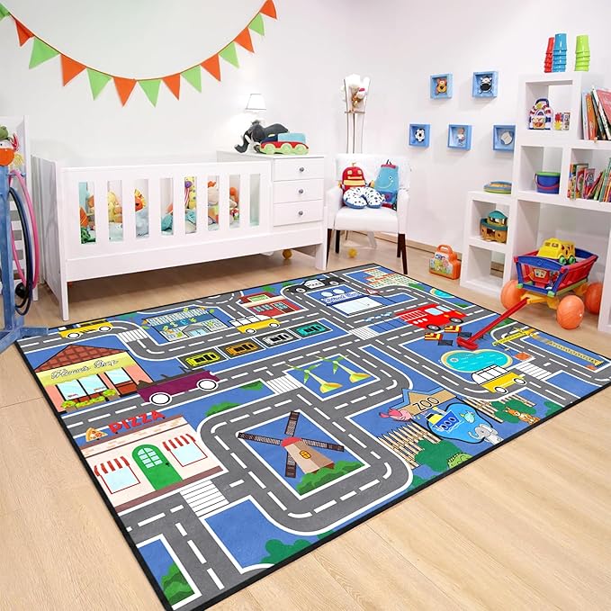 Car Rugs for Kids Toy - Car Track Carpet for Boys Road Rug for Bedroom Road Map Carpet for Kids Toy Play Mat Farm, 4. 5x6 Feet