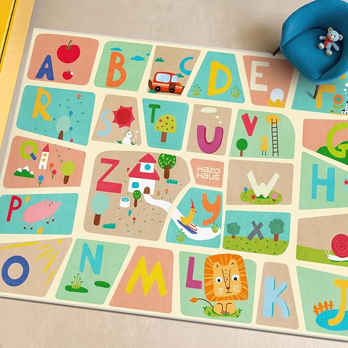 Large ABC Alphabet Classroom Rugs Elementary – 8x10 School Rug for Kids Play, Washable & Wipeable Floor Carpet, Soft & Non Skid Design with Educational Letters and Whimsical Cartoon Art Decor