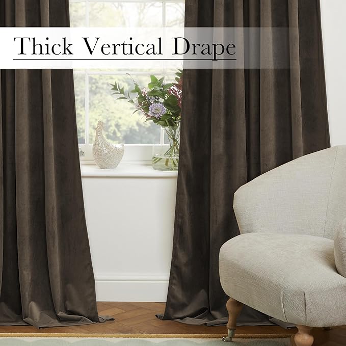 StangH Brown Velvet Curtains - Room Darkening Thermal Insulated Drapes for Bedroom, Living Room, Home Theater - Privacy Protect Decorative Window Treatment, 2 Panels Set, 52 x 96 Inches