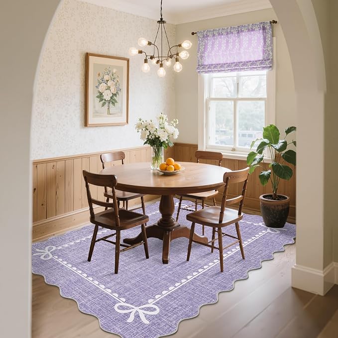 GarveeHome Scalloped Bow Rug for Living Room, Solid Purple Rug for Dorm, Washable Rugs 6x9 Soft Low Pile Non Slip Scalloped Rugs for Nursery College Bedroom Decor Kids Room Playroom