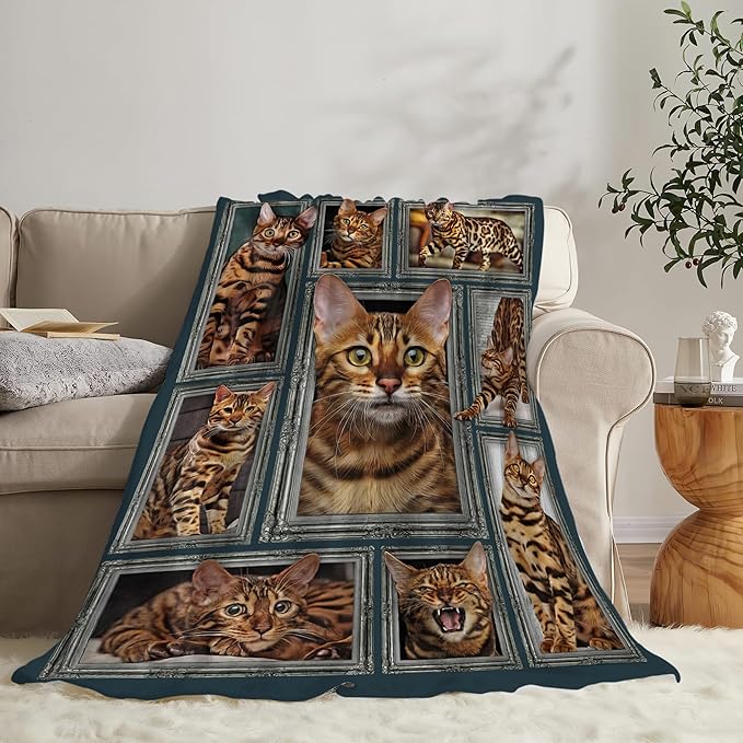 Bengal Cat Gifts and Decor - Cute Throw Blanket for Girls, Women, Kids, Adults - Soft Warm Cozy Fleece for Couch, Sofa, Bed - 50"x40"