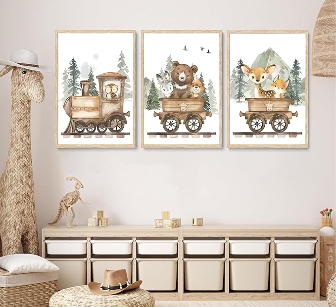 SZHUAAIC 3Pcs Woodland Animal Nursery Canvas Wall art Forest Wildlife Train Adventure Drawing Picture Wall Decor Fox Bear Deer Rabbit Owl Poster Printings for Boys Girls Room Home Decoration Unframed