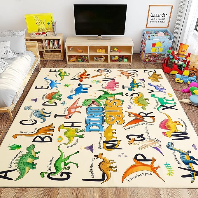 Kids Rugs for Playroom, 4x5 Feet Educational Rug for Learn The ABC Alphabet, Soft Machine Washable Non-Slip Cute Dinosaur Carpet for Classroom Toddler Nursery Kids Room Decor Mat, Beige