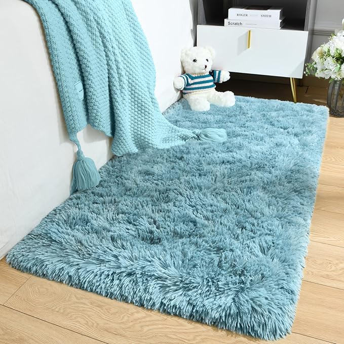 Merelax Modern Soft Fluffy Small Shaggy Rug for Bedroom Livingroom Dorm Kids Room Indoor Home Decorative, Non-Slip Plush Furry Fur Area Rugs Comfy Nursery Accent Floor Carpet 2X4 Feet, Turquoise Green