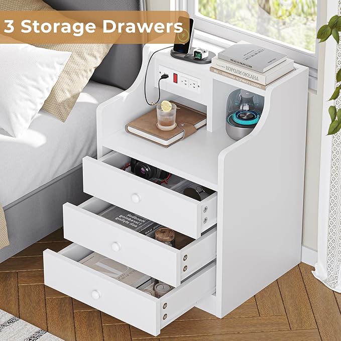 ADORNEVE Nightstand with Charging Station,White Night Stand with Hutch,Bedside Table with Drawers,Bed Side Table with Storage