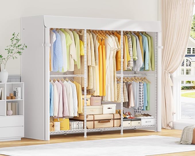 E14C Heavy Duty Closet Organizer System,Freestanding Clothing Racks for Hanging Clothes,Adjustable Garment Rack 70.1" W × 16.6" D × 76.4" H Hold 960 lbs,White Rack with White Dustproof Cover