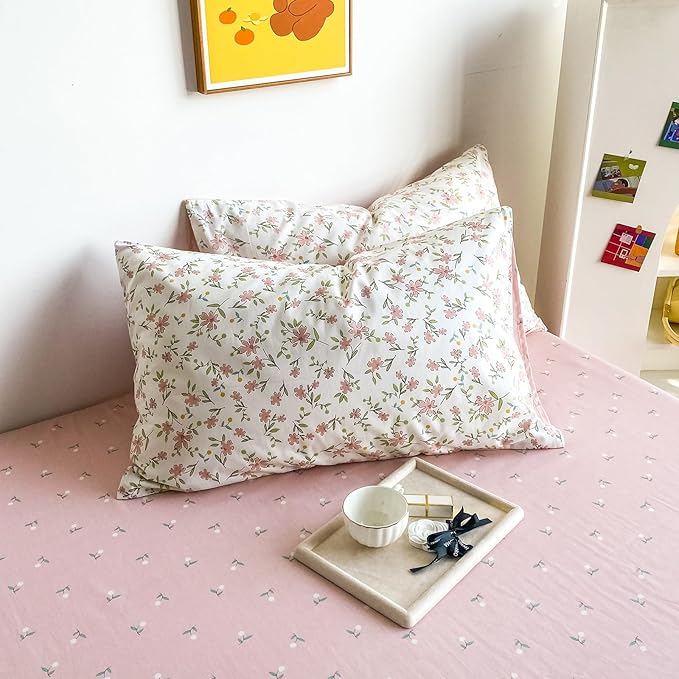 HighBuy Soft Cotton White Duvet Cover King Size Pink Floral Coquette Bedding Set King Chic Vintage Flower Comforter Cover Quilt Cover with 2 Pillowcases,Boho,King