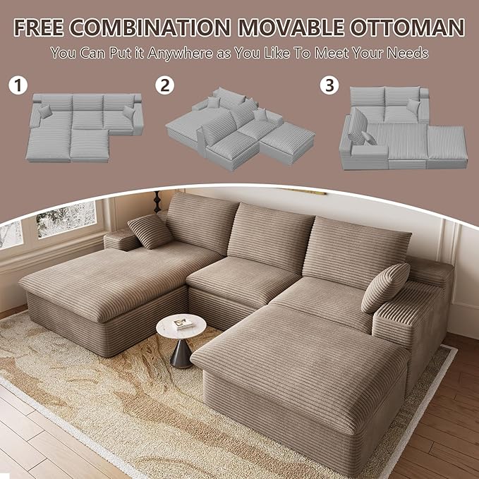 107" Cloud Modular Sectional Sofa with 1 Ottoman, Modern Upholstered Corduroy Couches, Comfort U Shaped Sofa for Living Room, Deep Seat Boneless Couch, No Assembly Required(Camel,Left Facing Chaise)