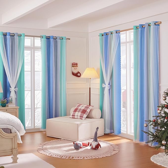 XiDi Blue Green Grey Blackout Curtains 63 Inches Long for Living Room Bedroom 2 Panels Double Layer Curtains Rainbow Kids Grommet Window Drapes for Nursery Princess Unicorn Wall Decals 52 Inches Wide