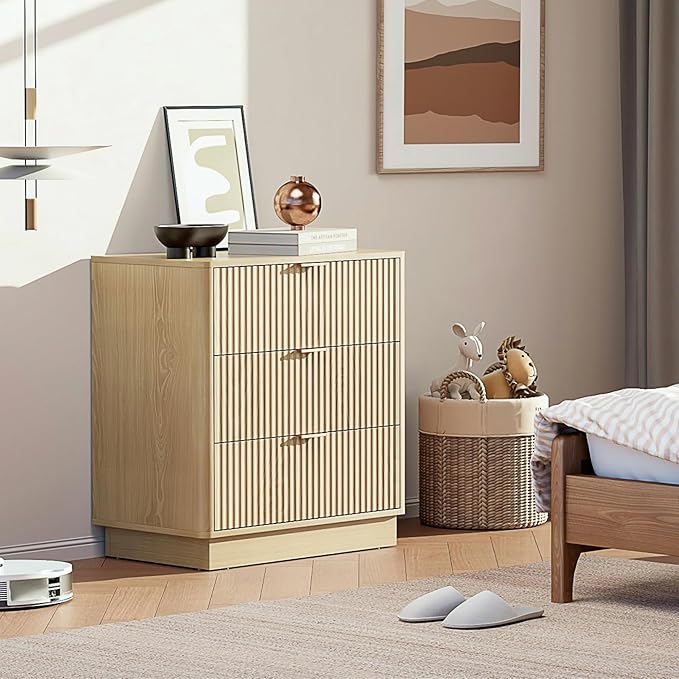 Mid Century Modern 3 Drawer Dresser for Bedroom, Fluted Wood Nightstand with Round Edge Design, Shallow Bedroom Storage for Closet, Living Room(Natural Oak)