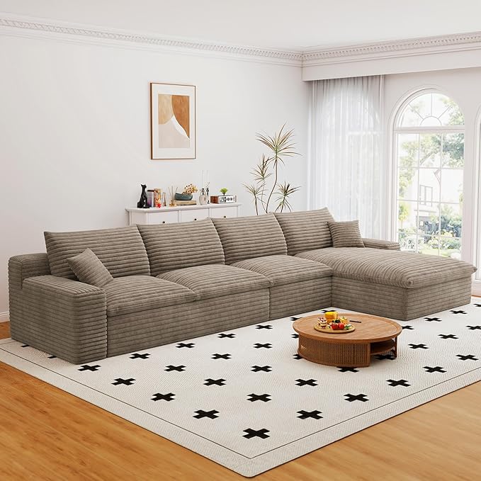 Cloud Sectional Couch,136 Inch Modular Sectional Sofa with Deep Seat, Modern Corduroy Boneless Couches with L-Shape Chaise for Living Room Bedroom, No Assembly Required (Camel, Right Facing Chaise)